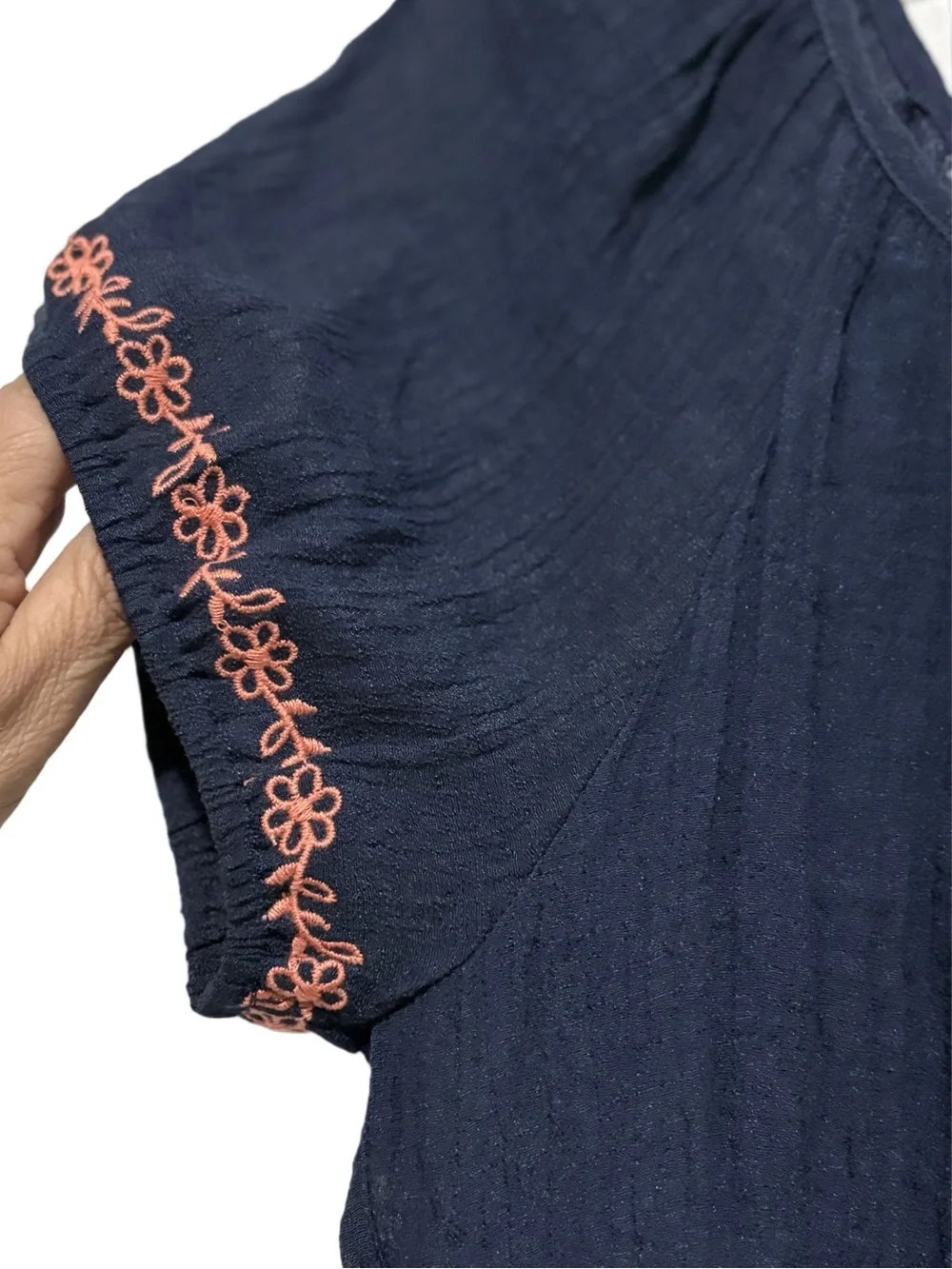 Women’s NWT Navy Peasant Top with Coral Embroidery